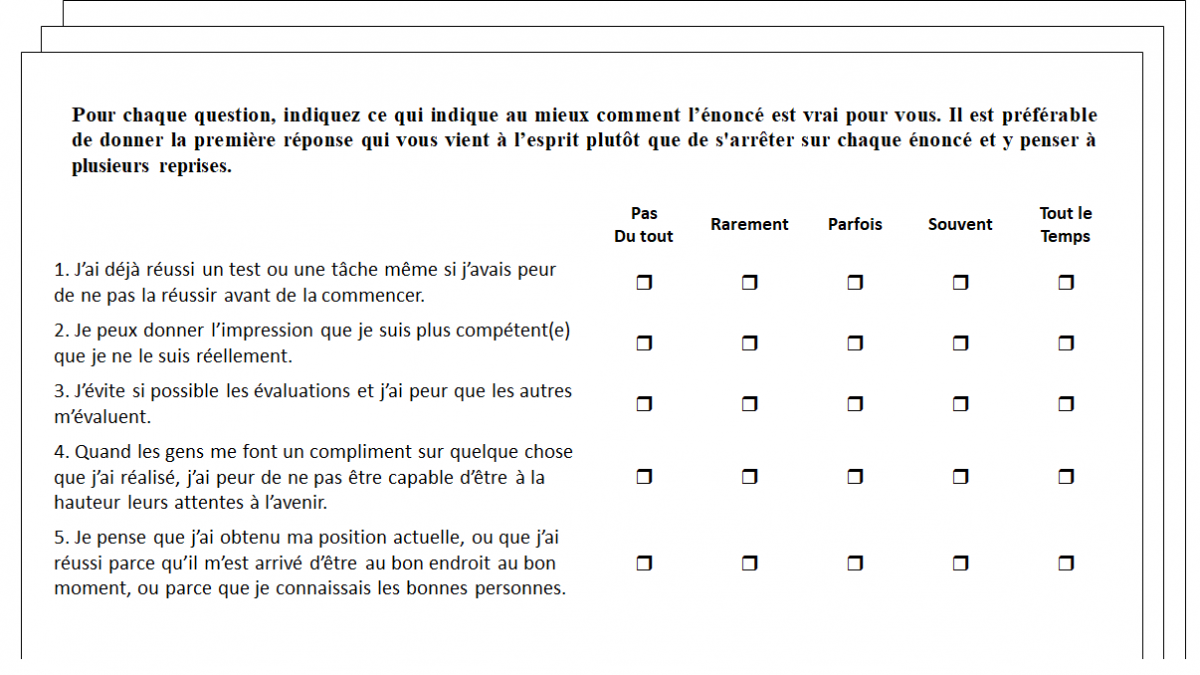 Exemples de questions mesurant le syndrome de l’imposteur, issus de la Clance Impostor Phenomenon Scale. Attention, ces quelques questions ne permettent pas de vous auto-diagnostiquer !